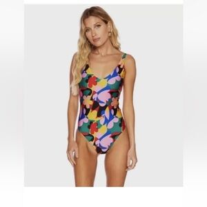 BEACH RIOT Sz Medium Pink Black Multicolor Floral One Piece Swimsuit